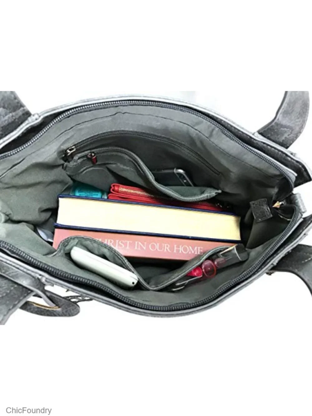 Faux Leather Concealed Carry Shoulder Bag with Hidden Locking Zipper